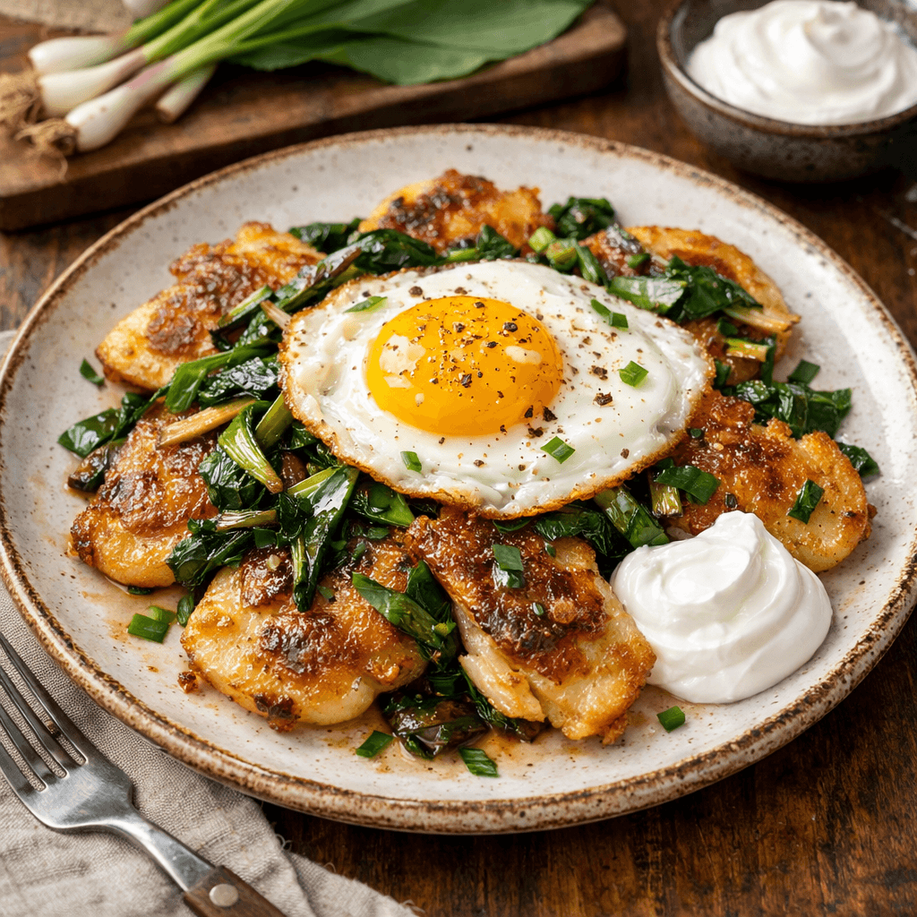 Crispy Smashed Pierogies with Ramps and Brown Butter